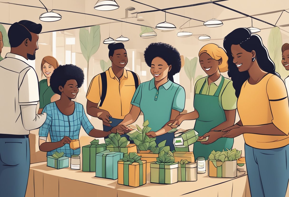 A group of diverse people exchanging branded eco-friendly products at a corporate event. The gifts are sustainable and promote social impact