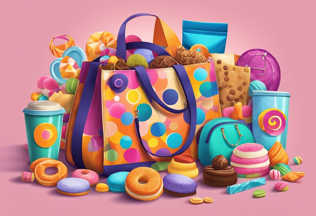 A colorful assortment of treats and trinkets arranged in a vibrant, eye-catching bag with a logo prominently displayed