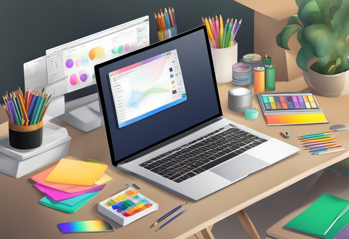 A table with art supplies, a computer with design software, and a stack of colorful paper for a goodie bag design