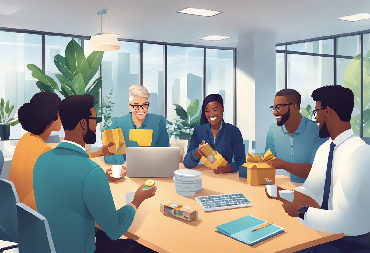 A group of diverse individuals exchanging branded corporate gifts in a modern office setting with a focus on social impact and sustainability