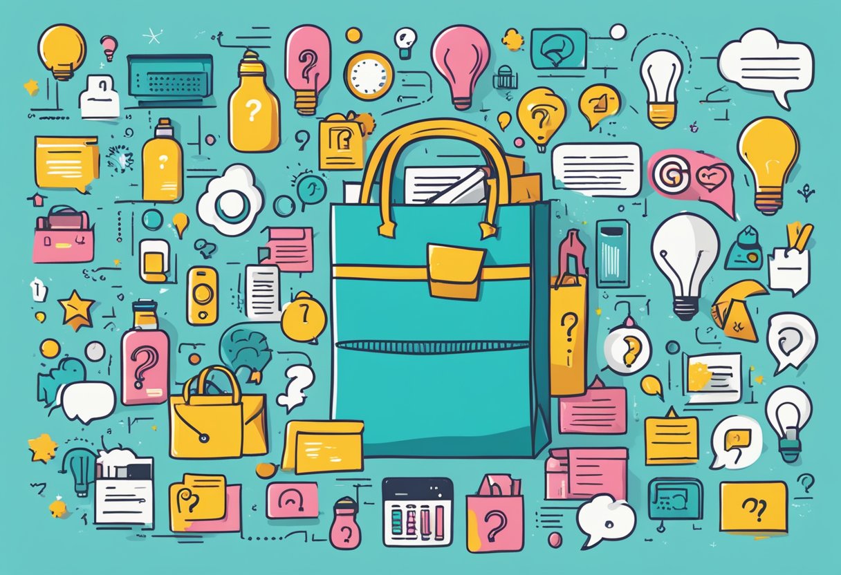 A colorful goodie bag with "Frequently Asked Questions" text, surrounded by icons of question marks, lightbulbs, and speech bubbles