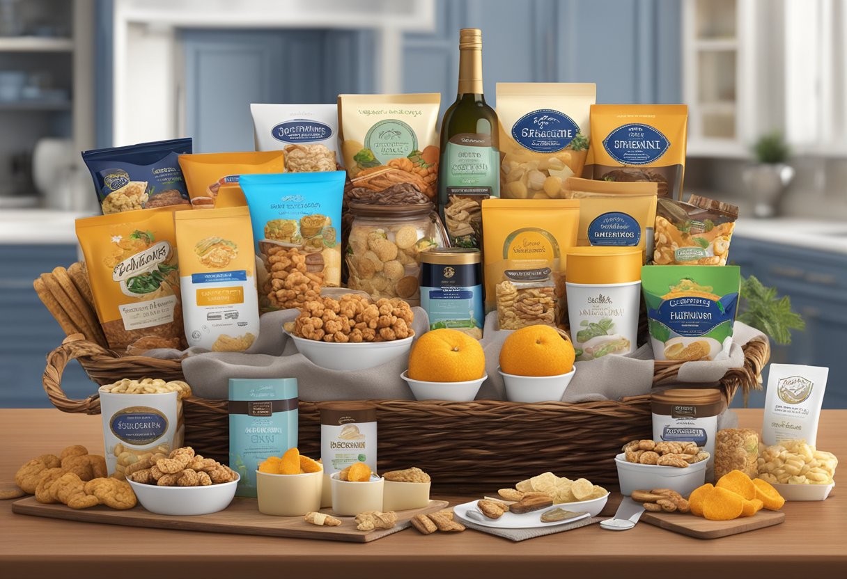 A table displays a variety of personalized corporate gift baskets with branded items and gourmet treats