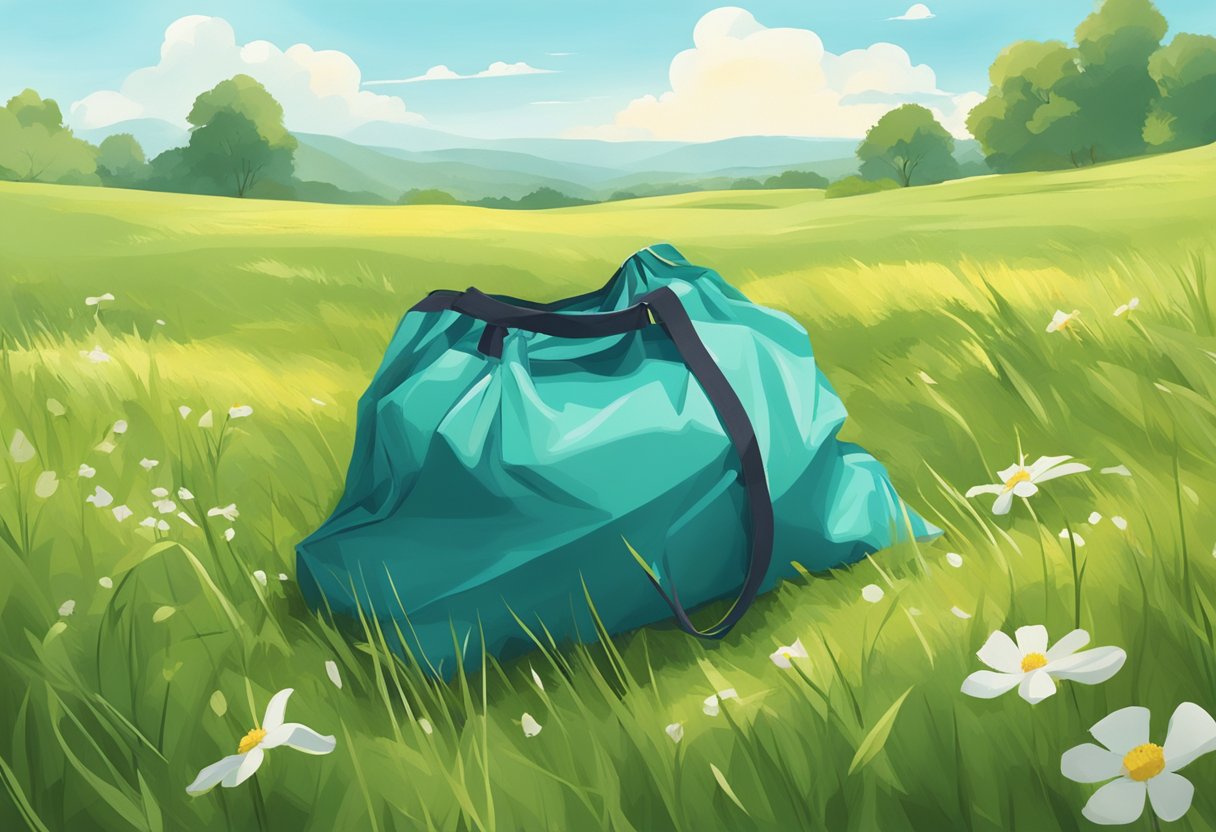 A polyester foldable bag lying open on a grassy meadow, with a gentle breeze causing it to flutter slightly