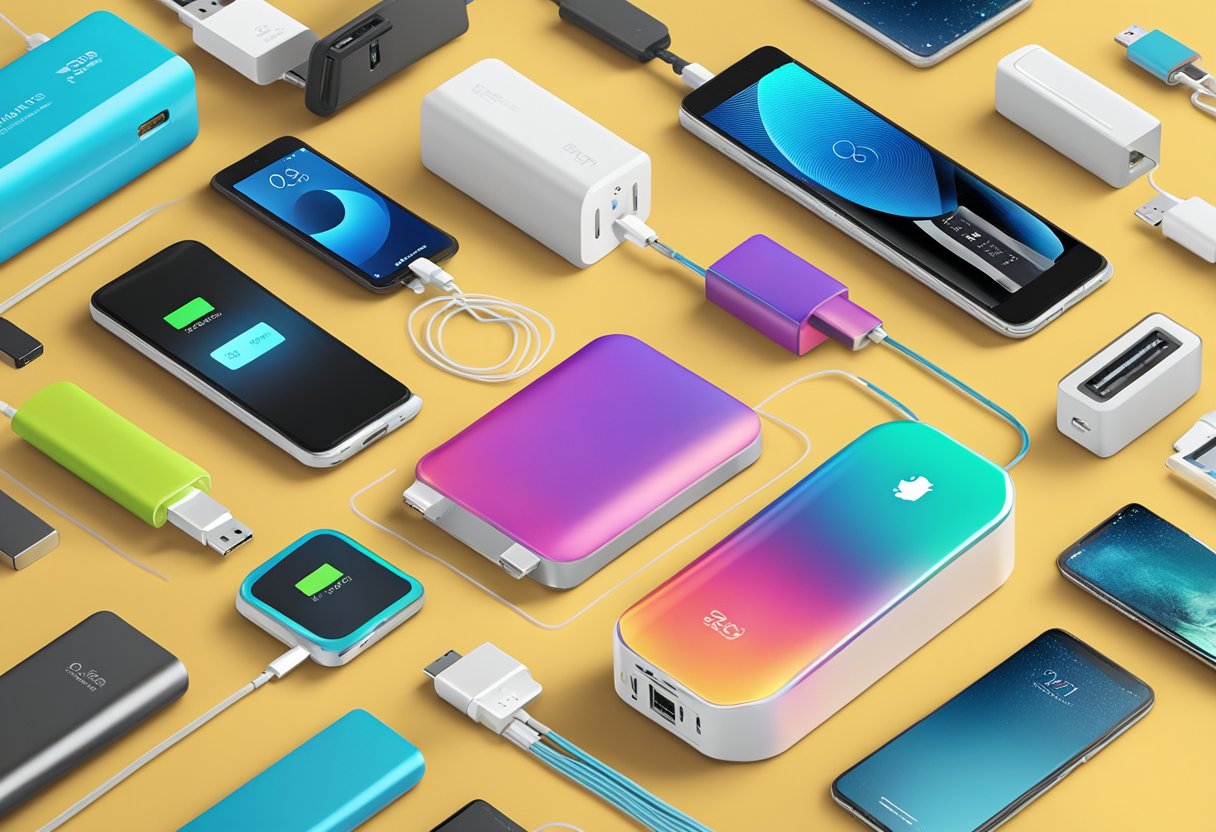 A powerbank with custom branding sits on a desk, surrounded by electronic devices and charging cables