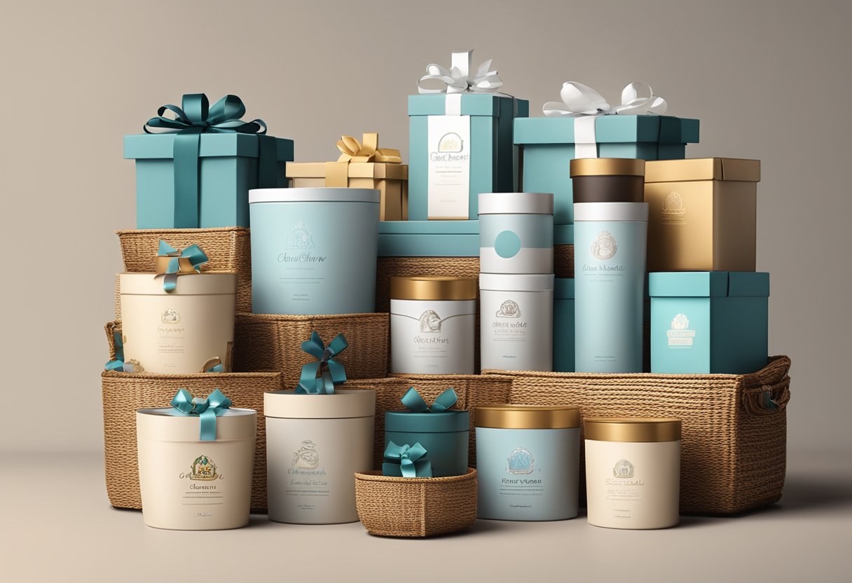 A stack of elegant gift baskets, each personalized with a company logo and filled with high-quality products, arranged on a sleek table