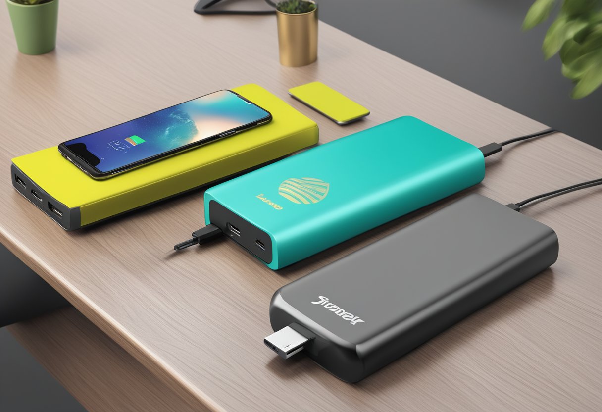 A sleek, modern power bank with custom branding and unique design features