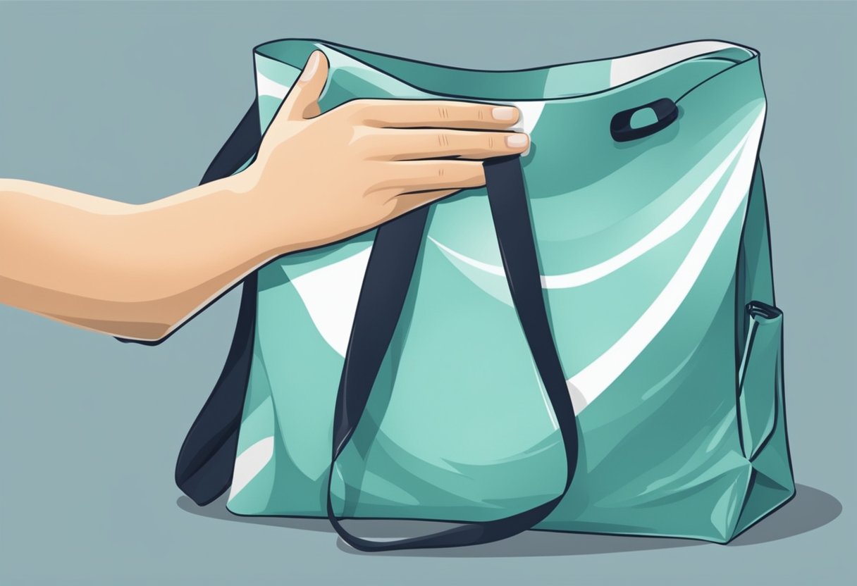 A hand reaches for a polyester foldable bag, unfolding it and customizing the design before using it for shopping
