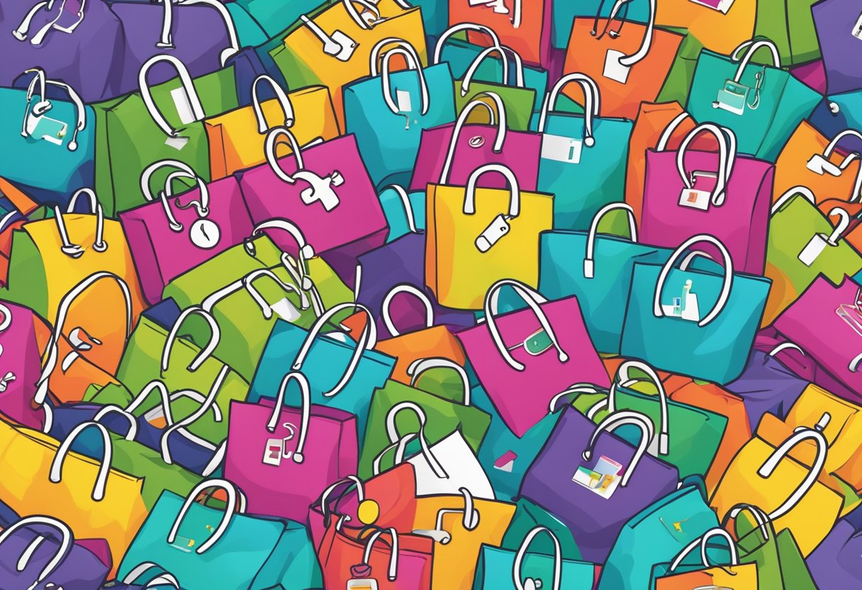 A colorful polyester foldable bag surrounded by question marks and a "Frequently Asked Questions" label