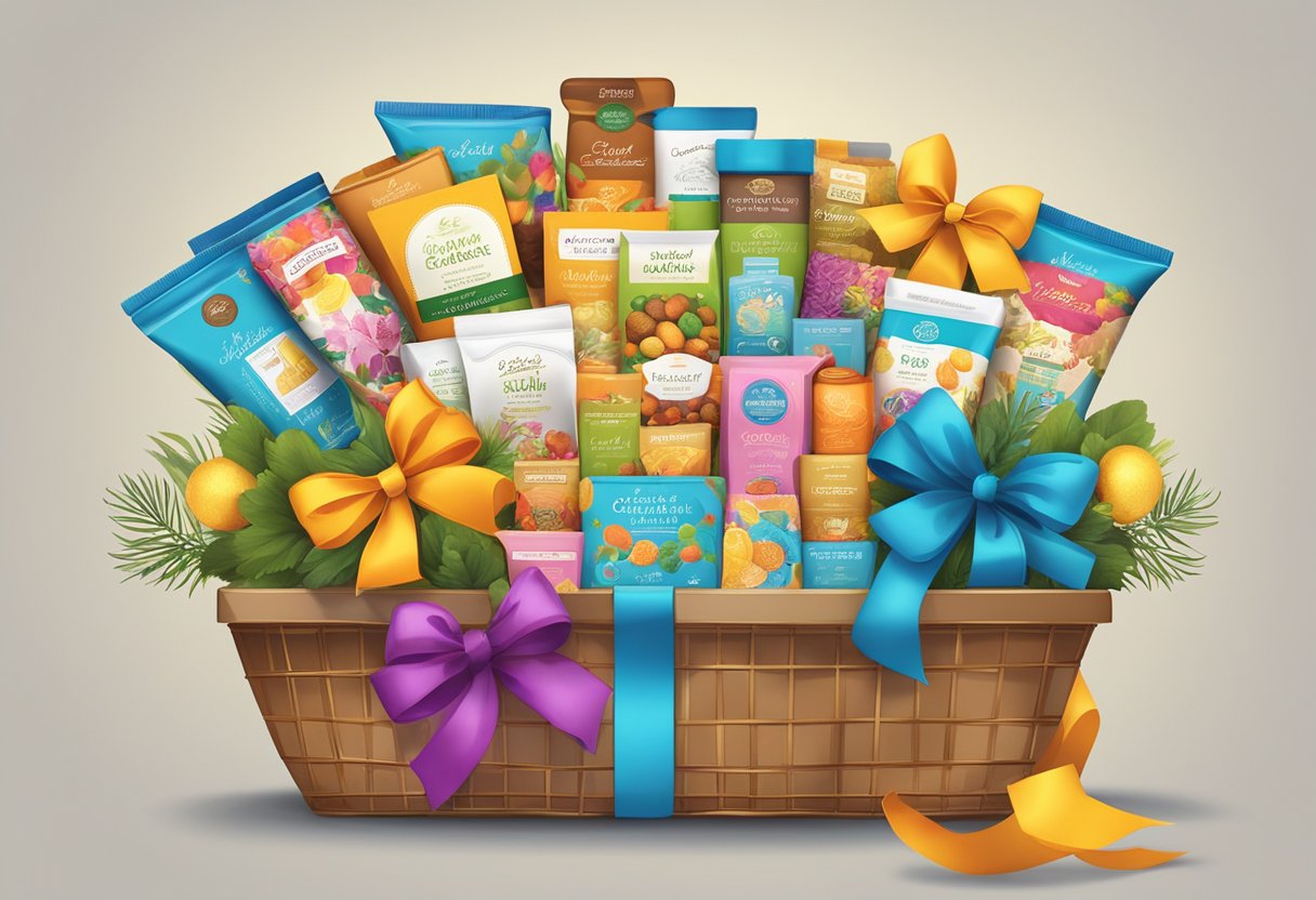 A table filled with custom gift baskets, each labeled with different occasions and recipients. Bright ribbons and colorful packaging add a festive touch to the display