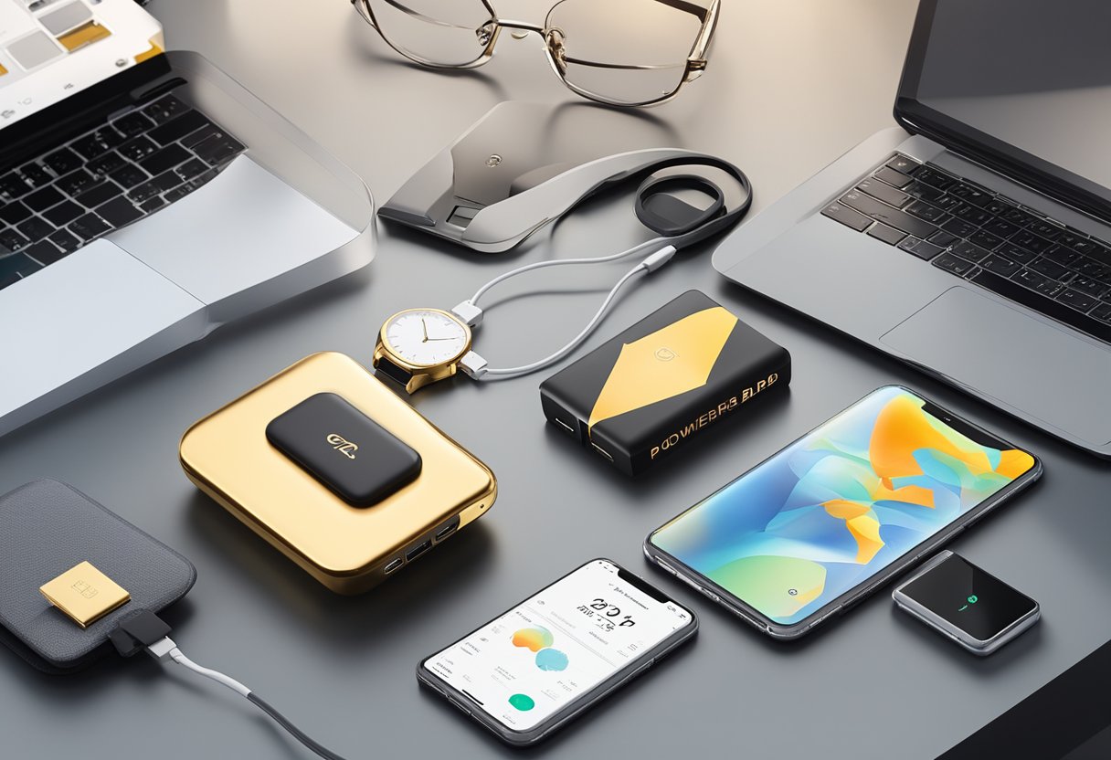 A branded powerbank sits on a sleek desk, surrounded by luxury corporate gifts. Market trend charts adorn the walls, reflecting the latest in custom gifting