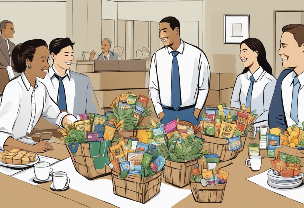 A table with a variety of personalized corporate gift baskets displayed, surrounded by happy recipients asking questions