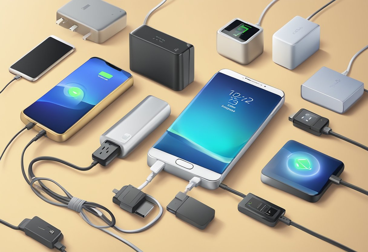 A powerbank with "Frequently Asked Questions" printed on it, surrounded by various electronic devices and charging cables