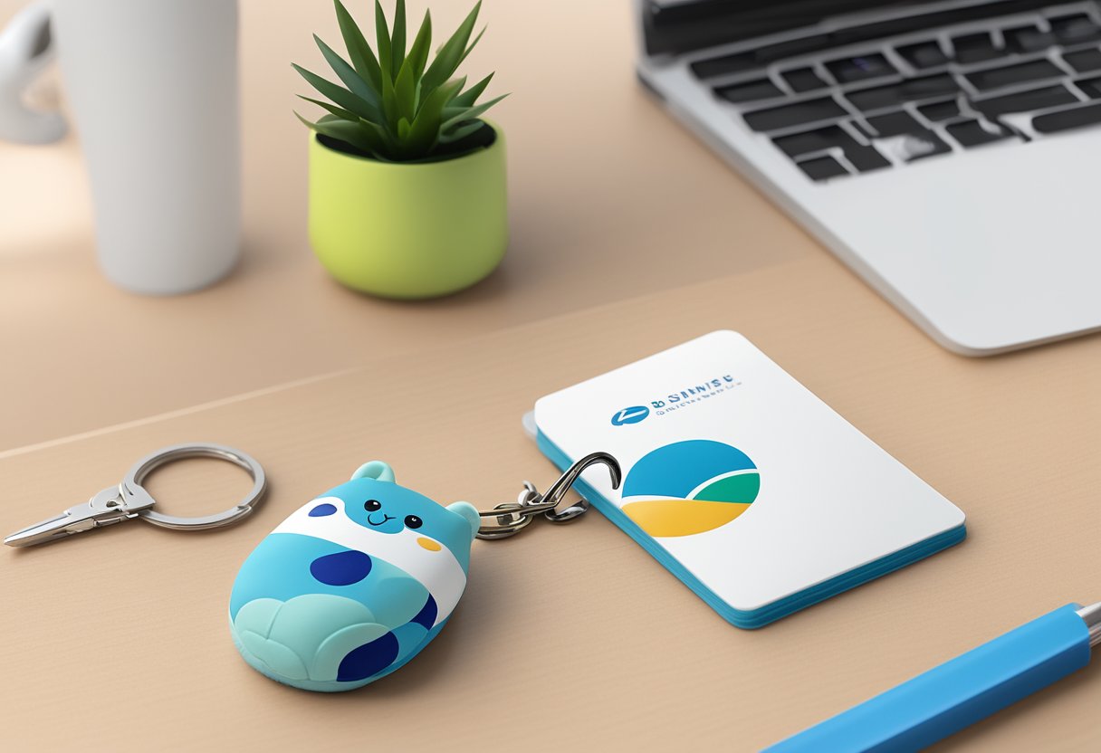 A soft toy keychain corporate gift sitting on a sleek desk next to a branded pen and a business card holder