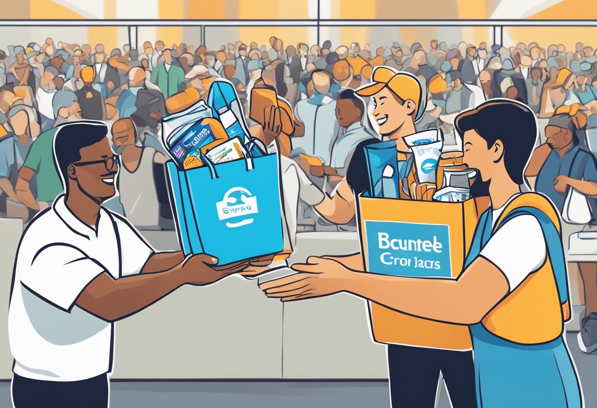 A hand reaches out to receive a branded goodie bag from a sponsor at an event. The bag is filled with various promotional items and is being handed over with a smile