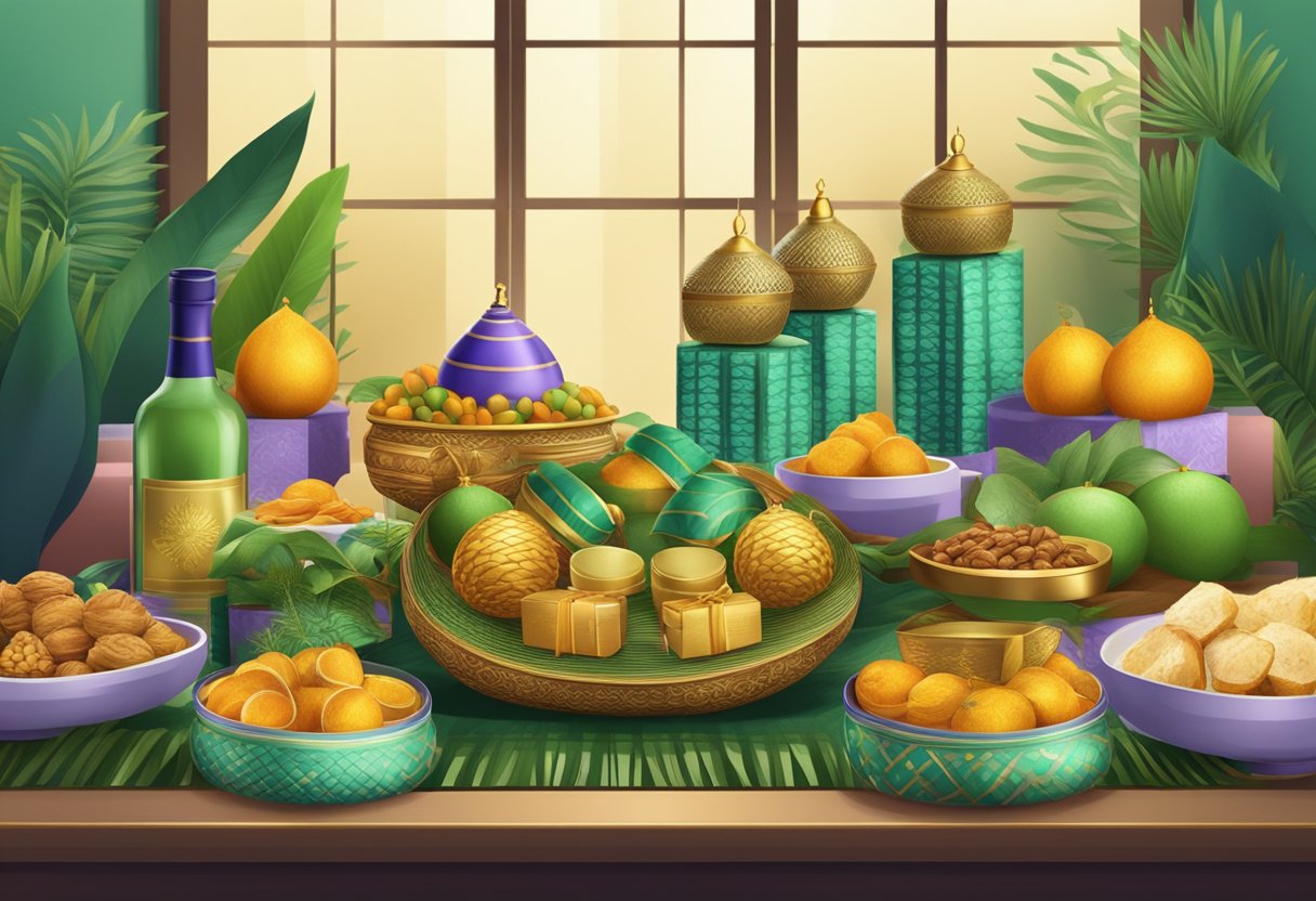 A table adorned with Hari Raya hampers and corporate gifts, surrounded by festive decorations and traditional elements