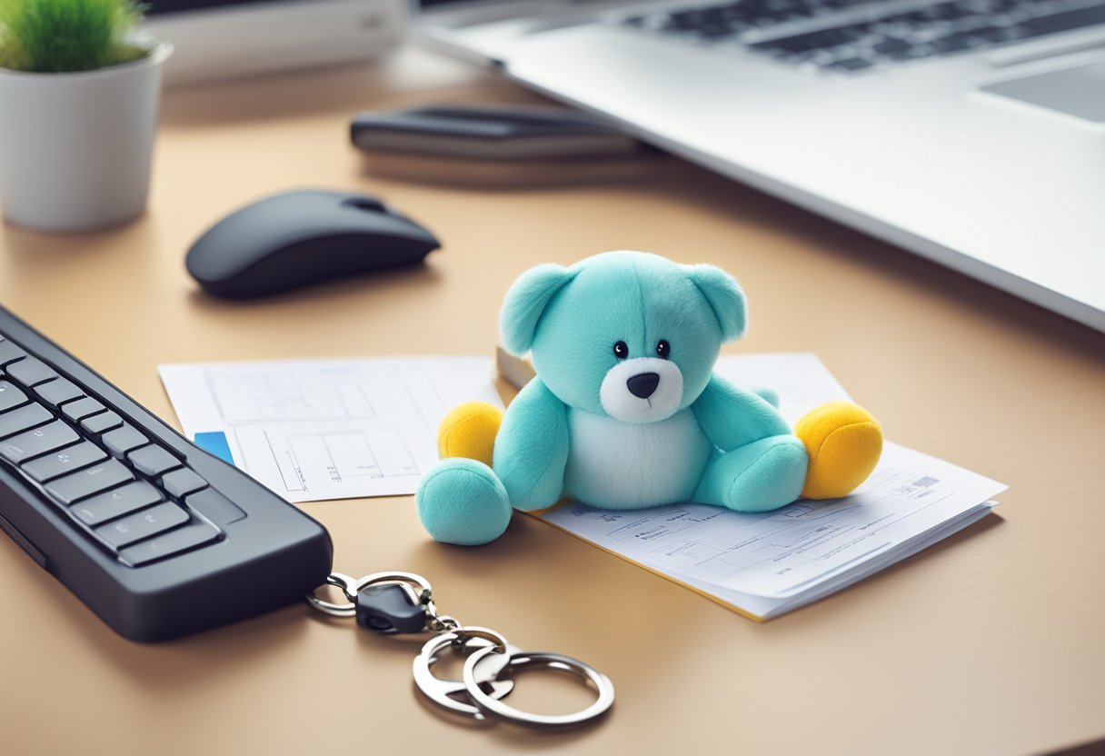 A soft toy keychain with a company logo sits on a desk next to a computer and a stack of paperwork