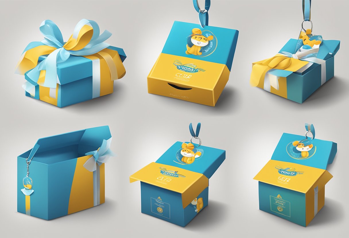 A soft toy keychain corporate gift being packaged with branding materials and placed in a gift box for a corporate gifting strategy