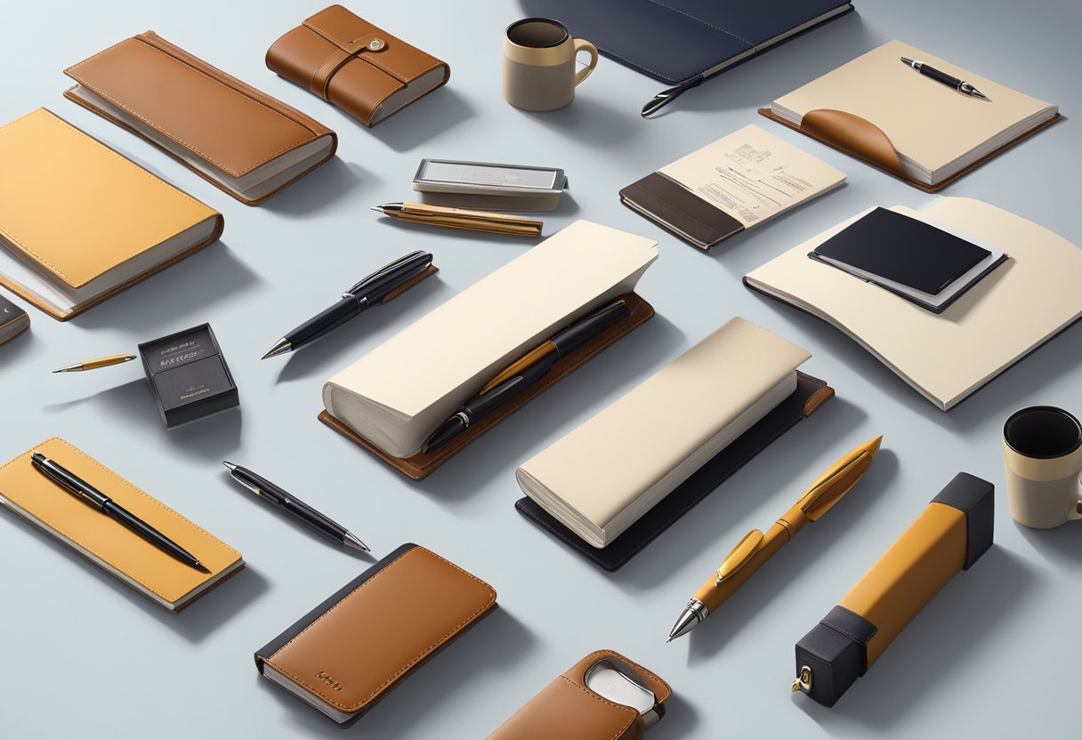 A table displays various high-quality corporate gifts, including branded pens, leather notebooks, and elegant desk accessories