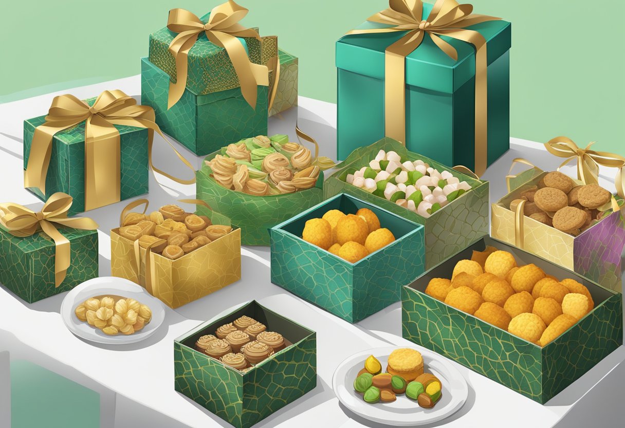 A table displays various Hari Raya hampers, with elegant packaging and traditional treats, ready for corporate gifting