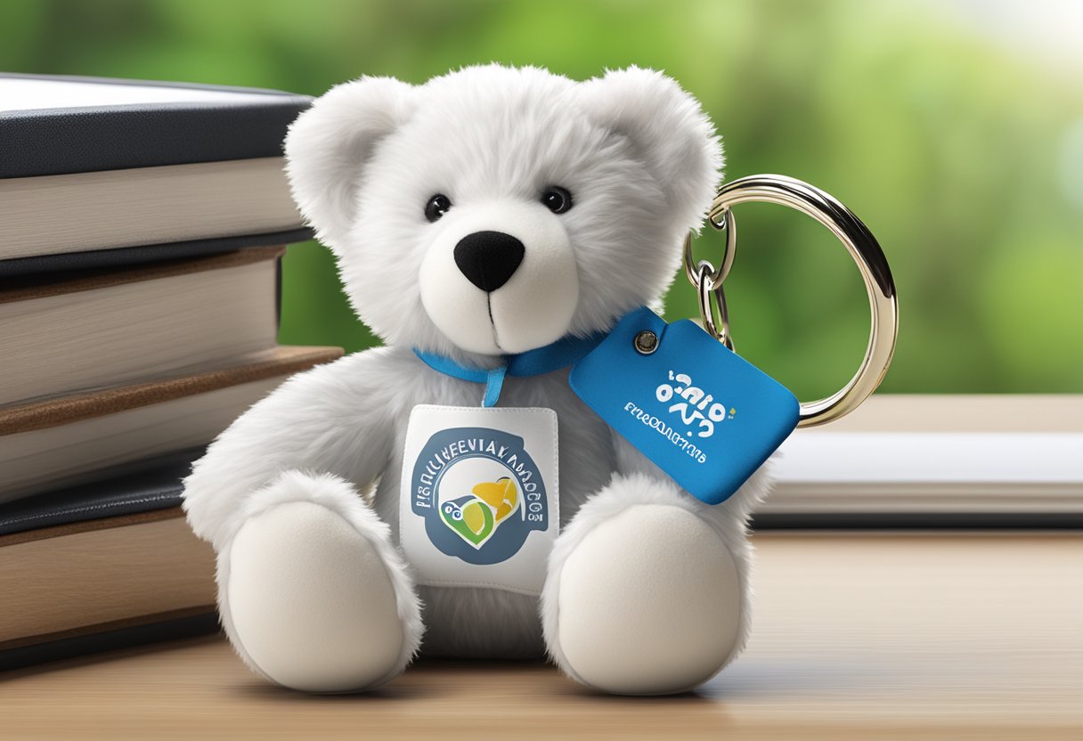 A soft toy keychain with "Frequently Asked Questions" logo, suitable as a corporate gift