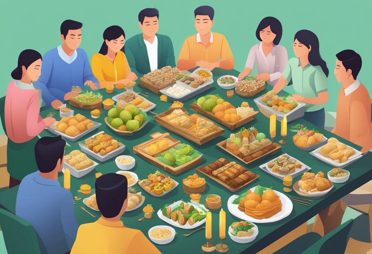 A table with various hari raya hampers and corporate gifts, surrounded by people asking questions