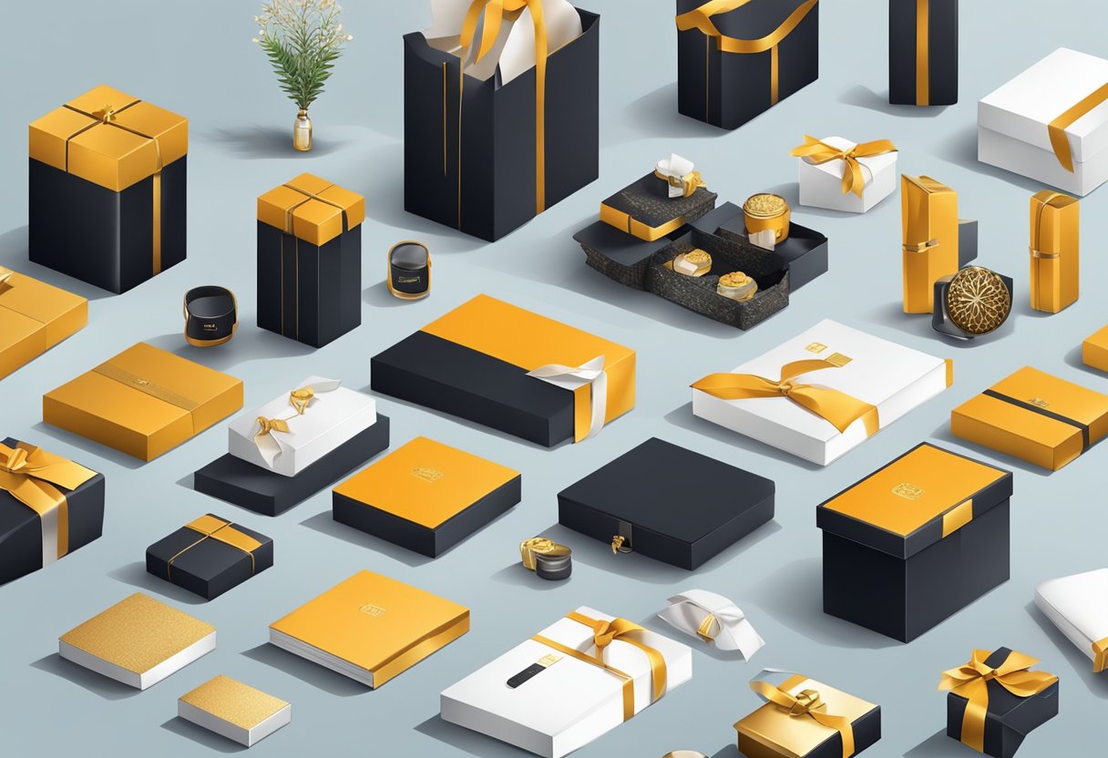 A table with a variety of high-quality corporate gifts, including branded items and luxury products, displayed attractively with elegant packaging