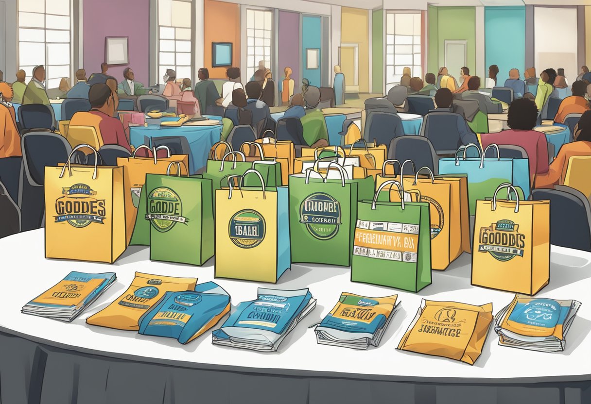 A table with branded goodie bags, promotional materials, and a sign reading "Frequently Asked Questions goodie bag sponsorship" at a sponsored event