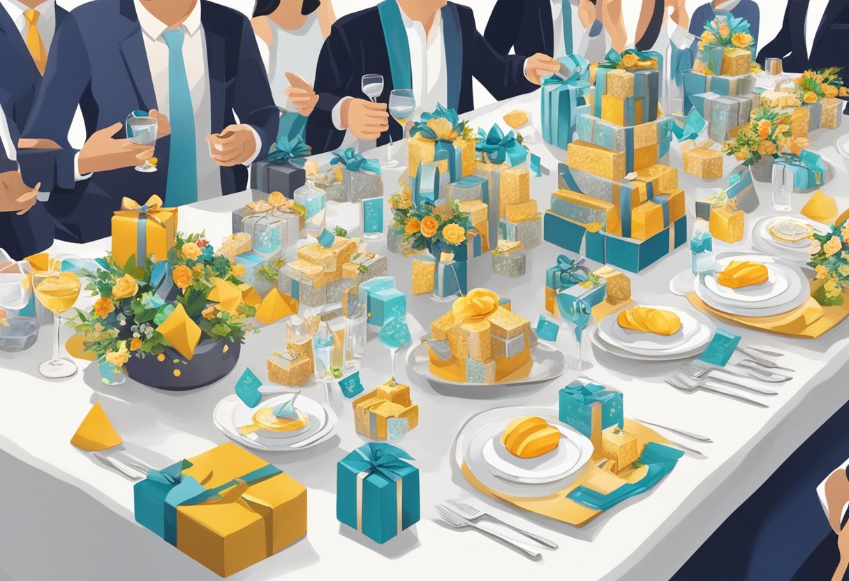 A table adorned with elegant corporate gifts, surrounded by happy clients and suppliers at a prestigious event in Singapore