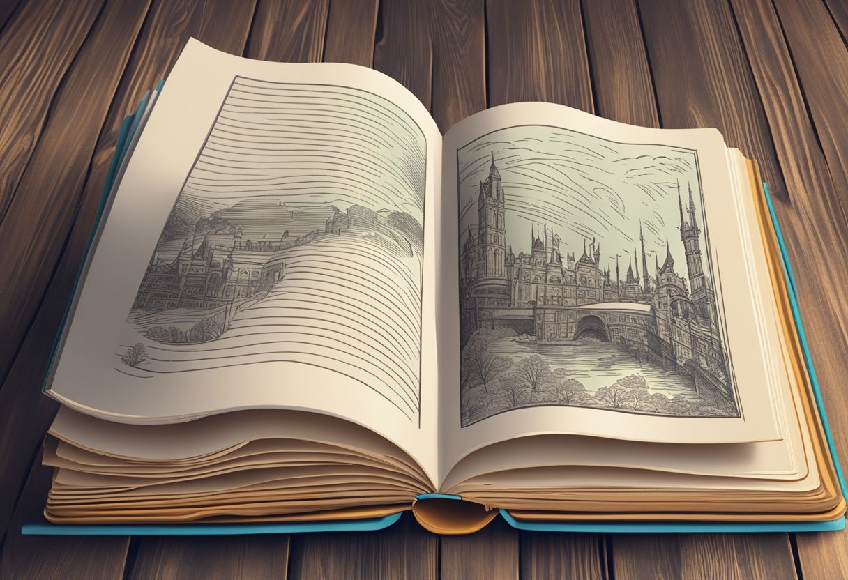 An open book with printed pages lying on a wooden table