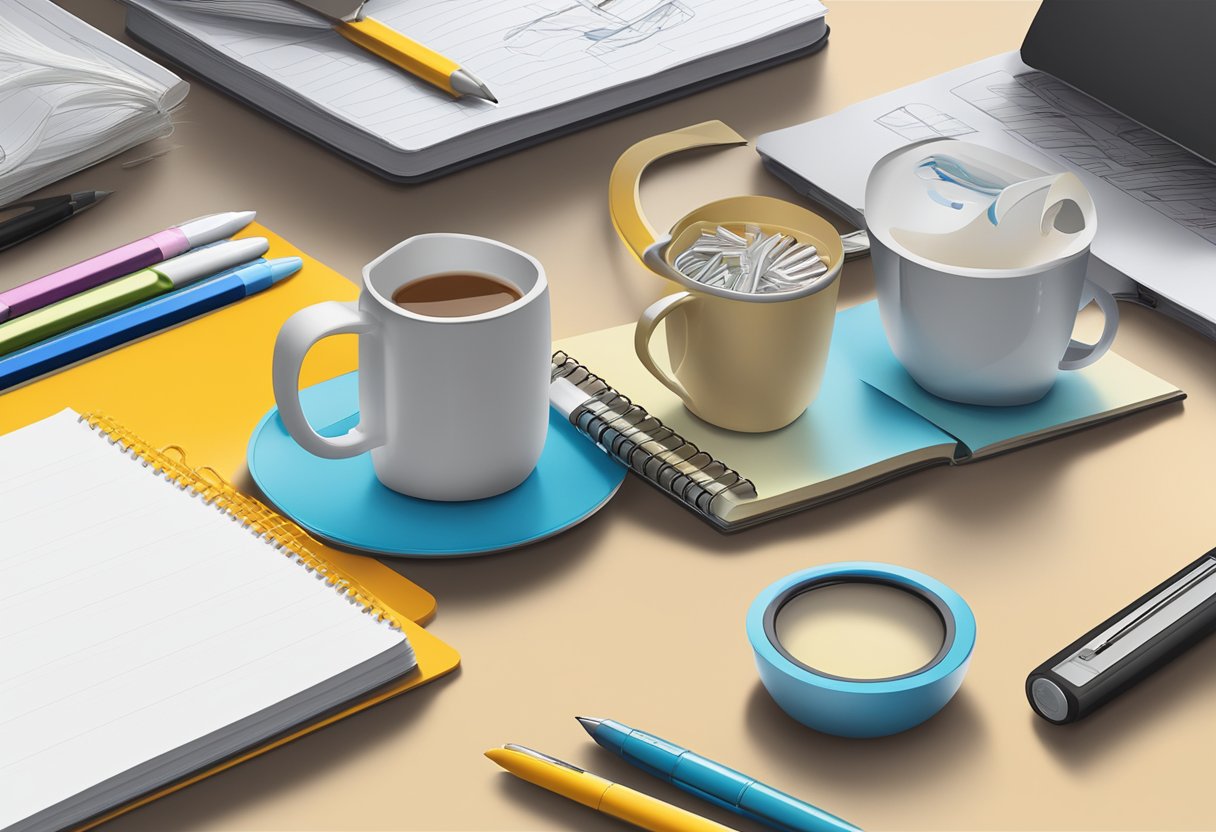 A table covered in branded pens, mugs, and notebooks. A logo is prominently displayed on each item