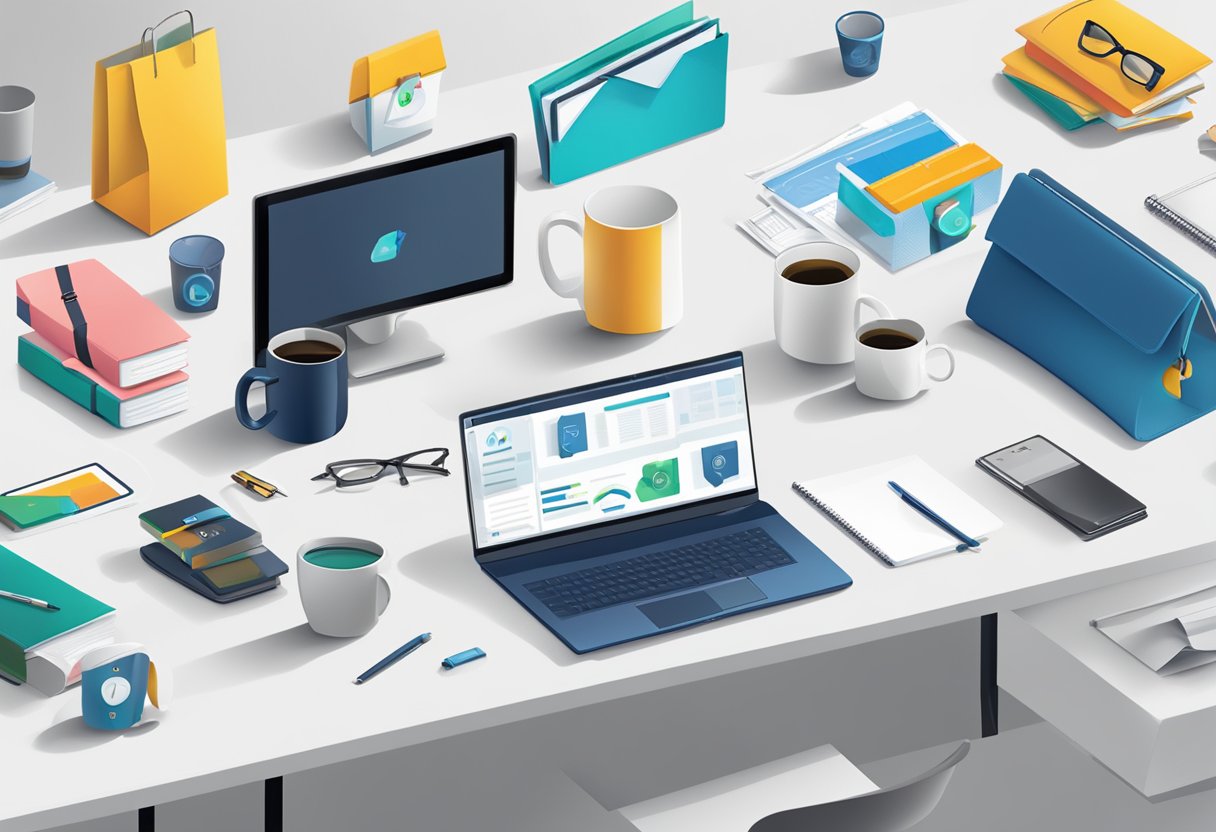 A table with various corporate gifts displayed, including branded mugs, notebooks, and tech gadgets. A sign reads "Frequently Asked Questions - Best Voted Corporate Gifts."