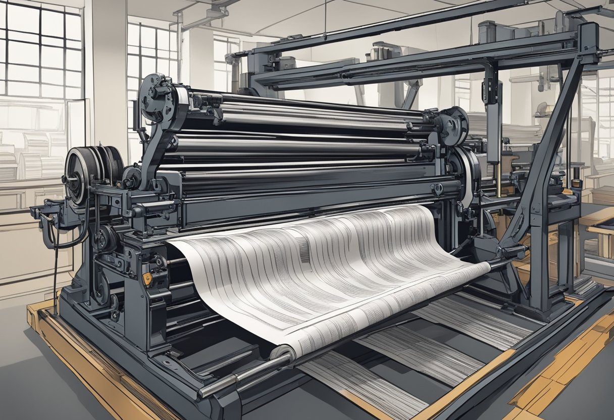 A printing press in action, with paper feeding through rollers and ink being applied to create a printed book