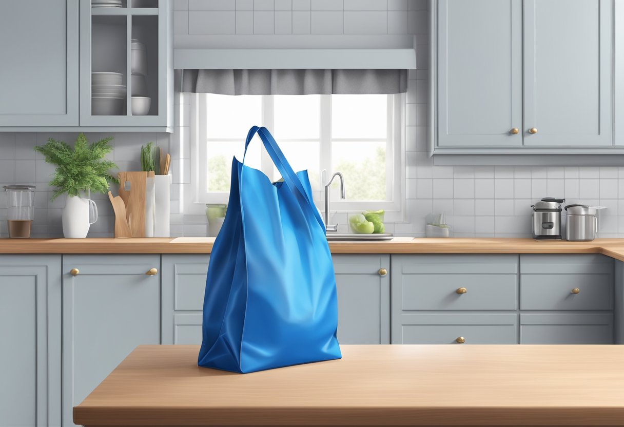 A blue recycle bag with a zip closure sits on a kitchen counter