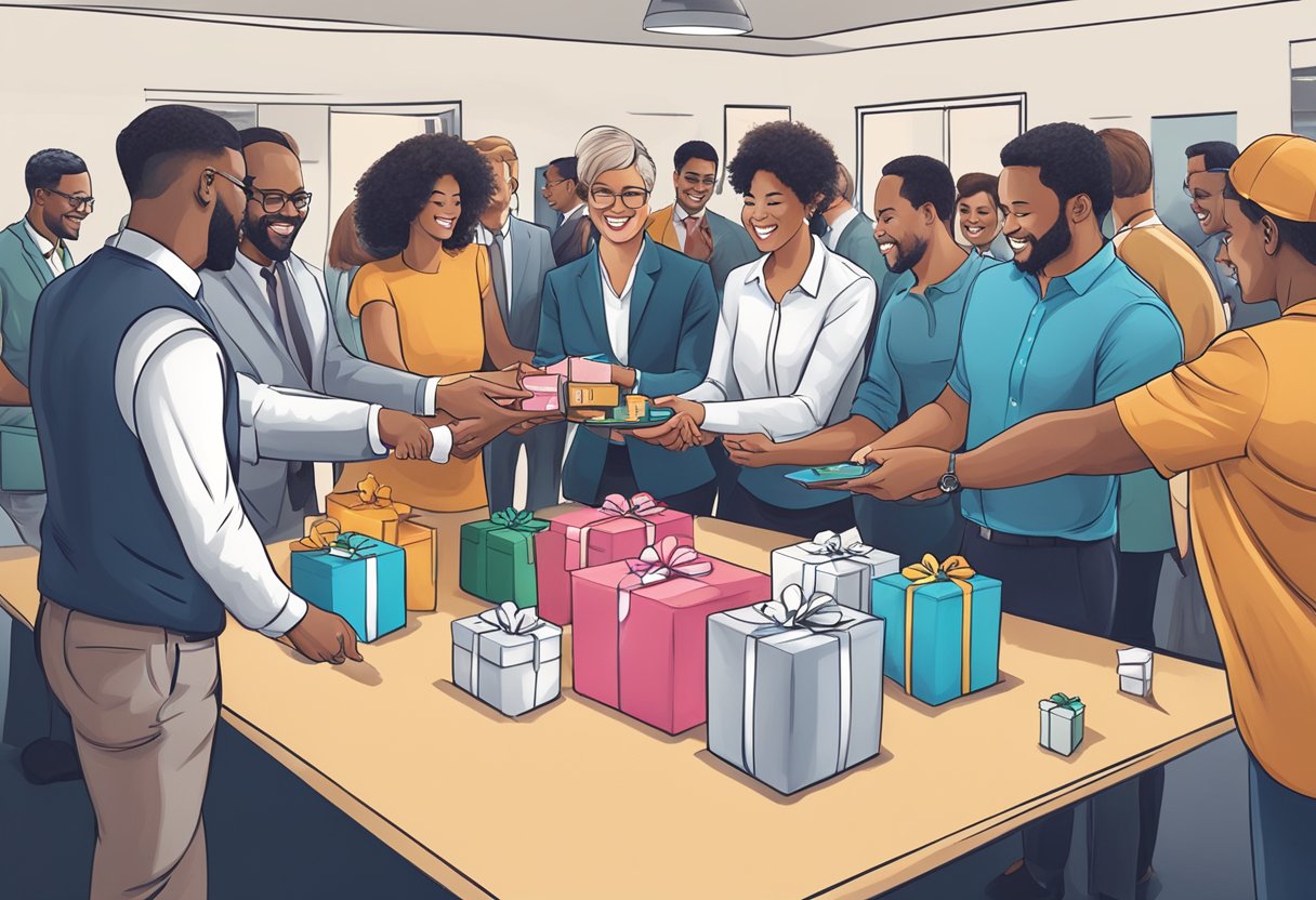 A group of professionals exchanging personalized corporate gifts with company logos at a networking event