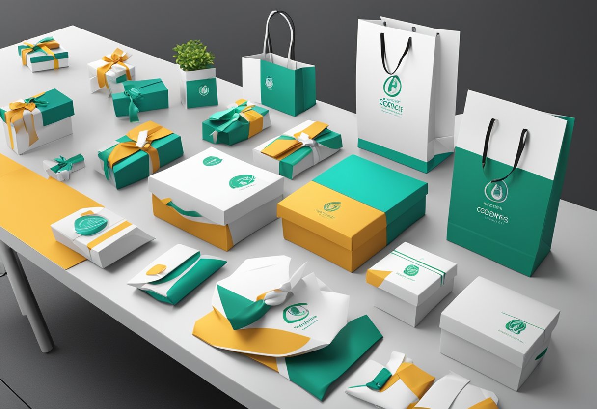 A table displaying various corporate gifts with company logo. Gift bags and boxes arranged neatly. Branding materials in the background
