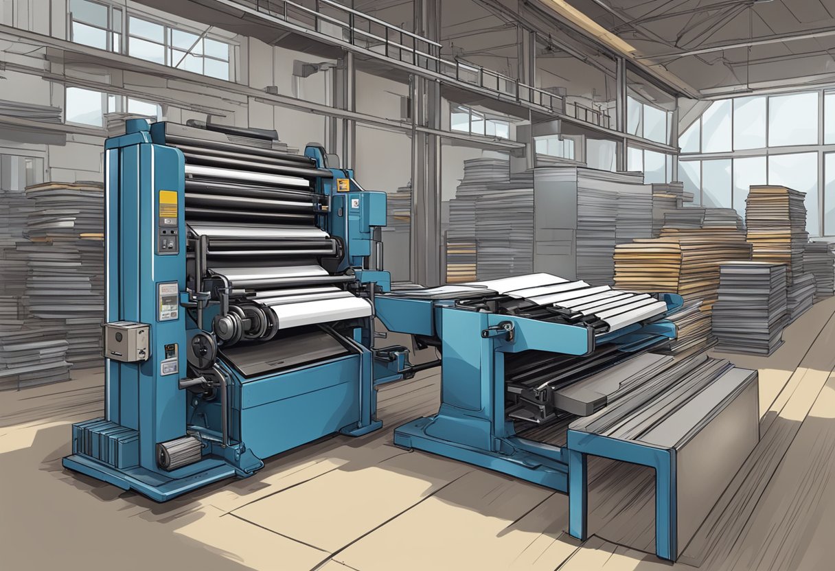 A printing press in motion, with freshly printed books being stacked and packaged for distribution
