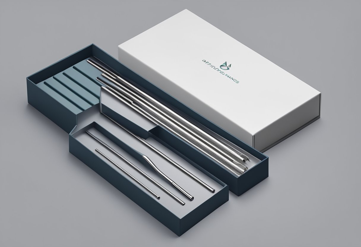 A set of stainless steel straws arranged neatly on a sleek, modern corporate gift box