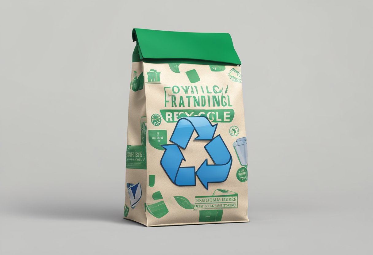 A sturdy recycle bag with a zip closure, made from durable and eco-friendly materials. The design includes bold graphics and clear labeling for different types of recyclables
