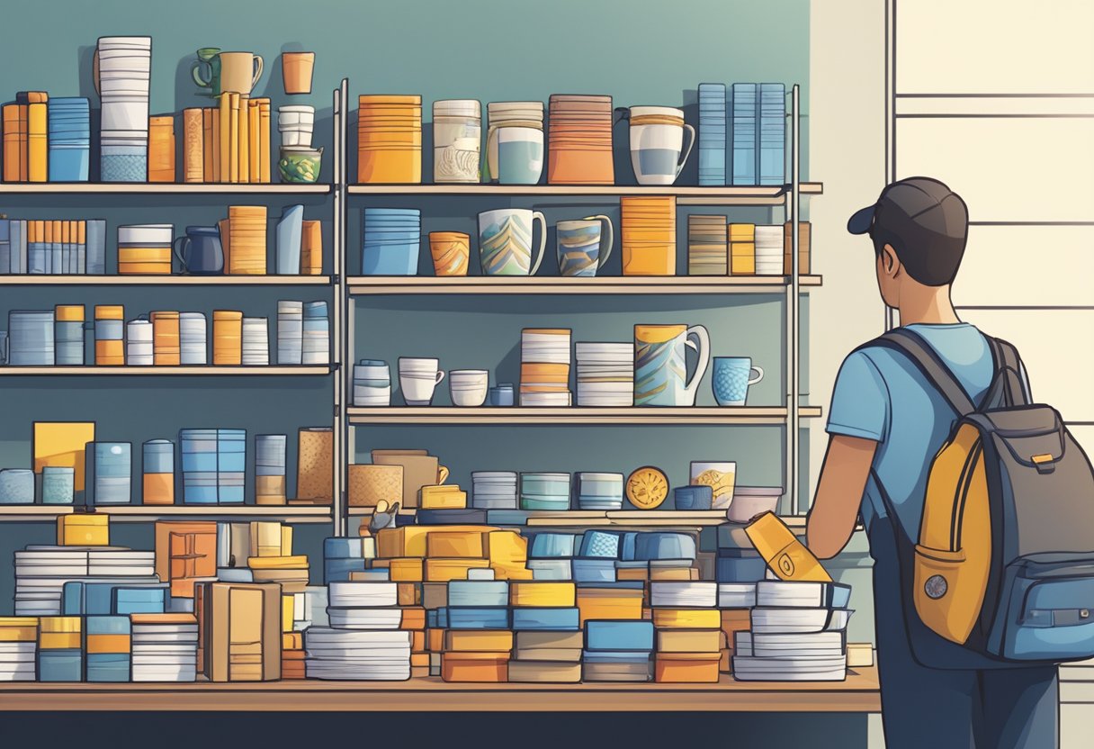 A person browsing through a variety of imprinted corporate gifts, such as mugs, pens, and notebooks, displayed on shelves and tables in a well-lit and organized store
