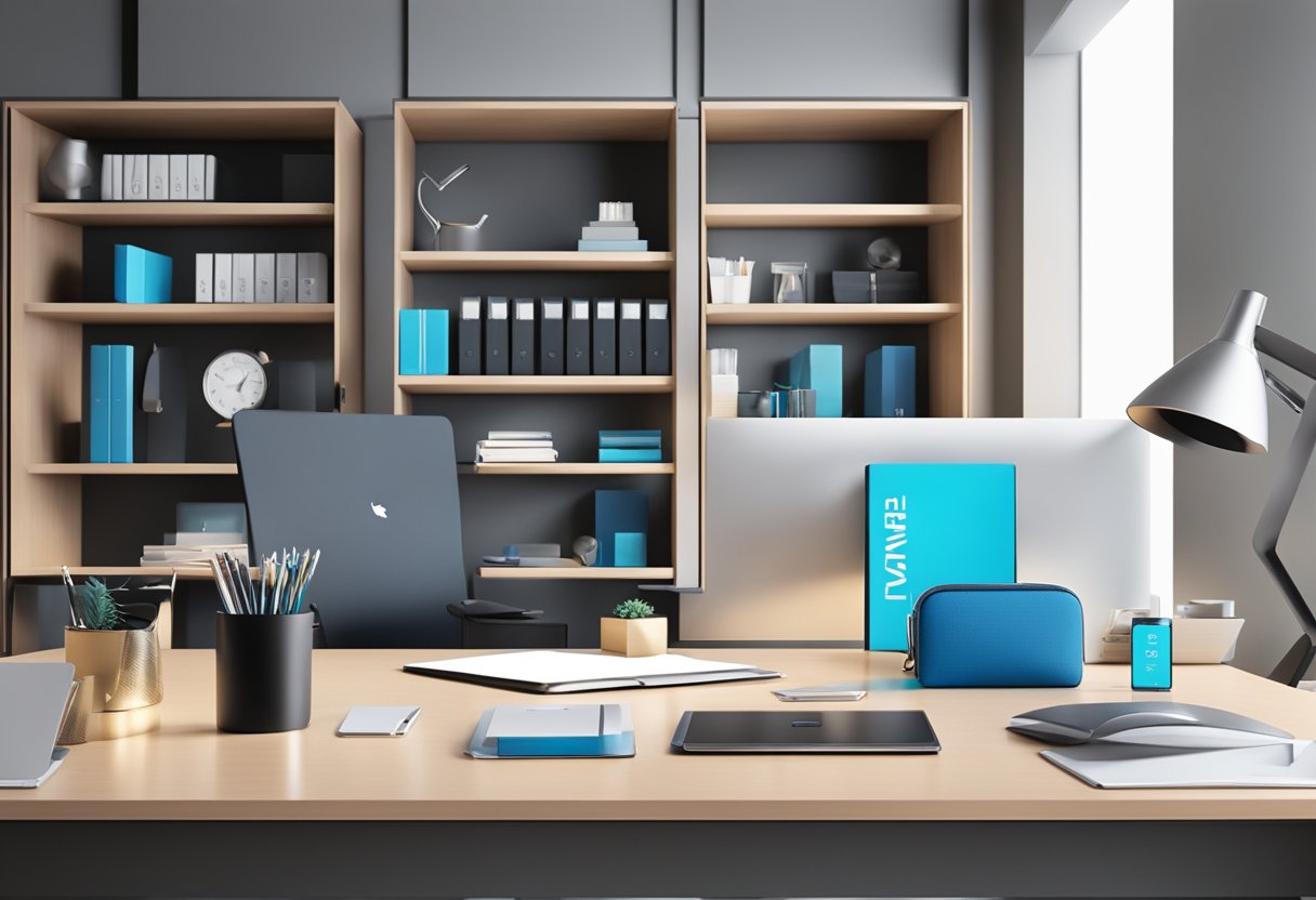 A sleek, modern office setting with branded gifts displayed on a table. A company logo prominently featured