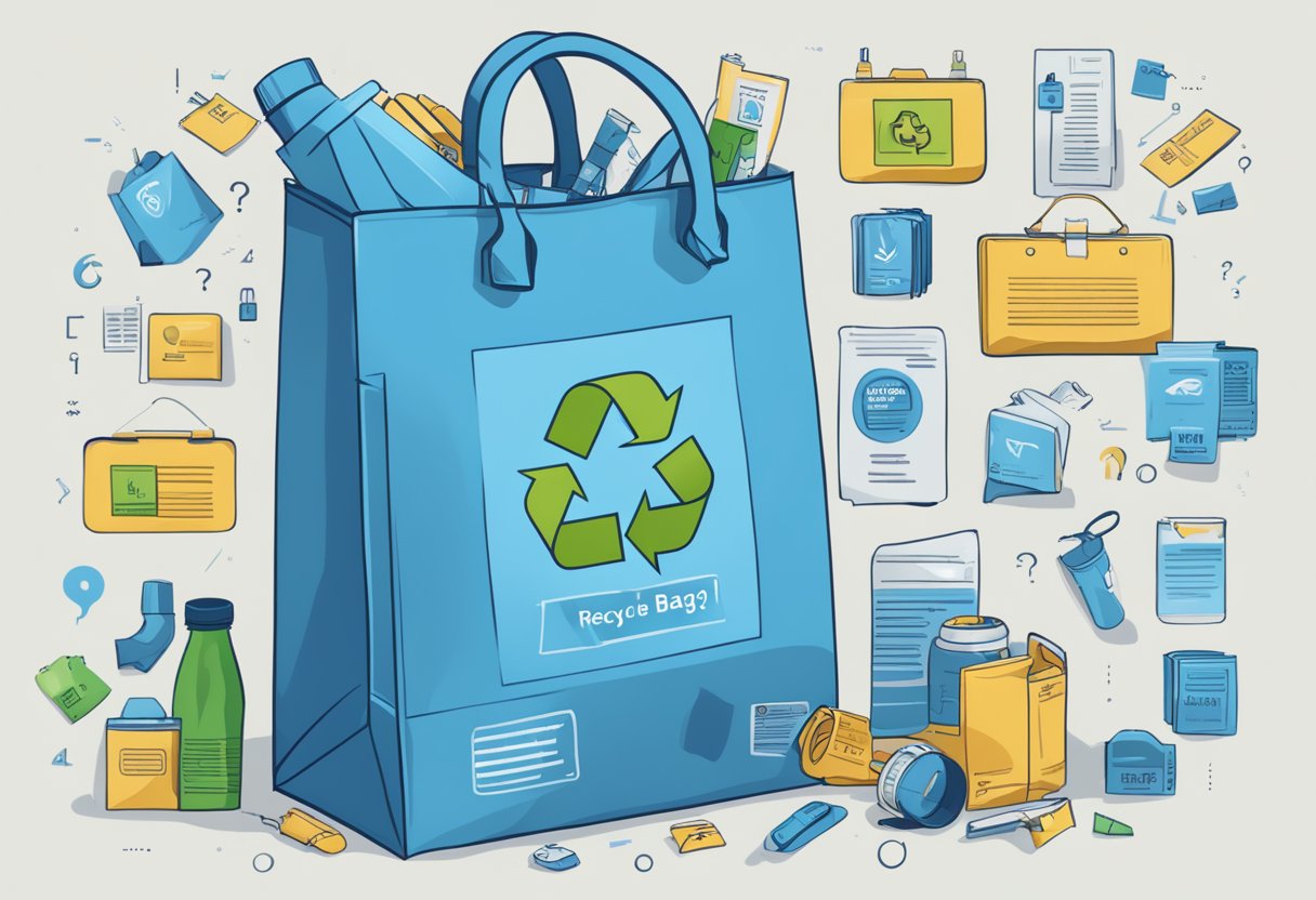 A blue recycle bag with a zip, surrounded by various commonly asked questions in bold text