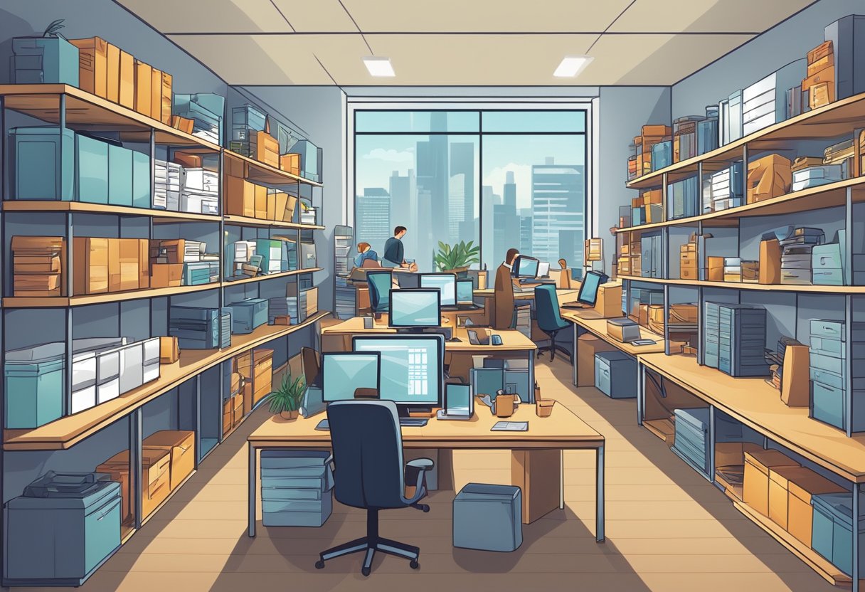 A busy office with employees designing and personalizing corporate gifts for clients. Shelves stocked with various promotional items and a computer screen displaying custom designs