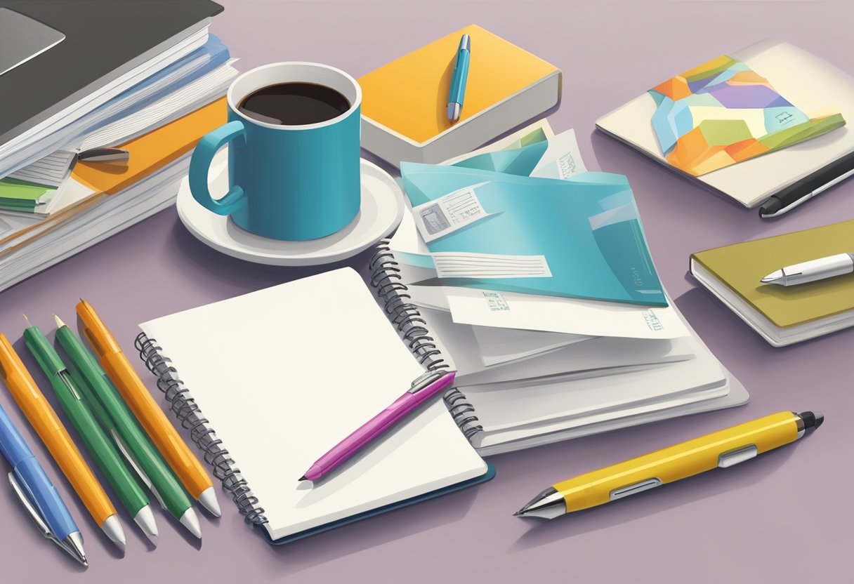 A table filled with branded items: mugs, pens, and notebooks. A sign reads "Frequently Asked Questions imprinted corporate gifts."