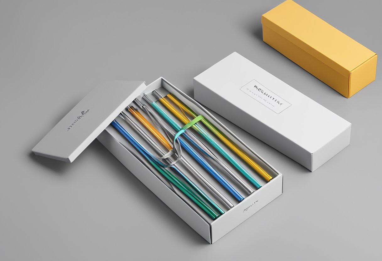 A set of stainless steel straws arranged neatly in a sleek and modern corporate gift box, with the words "Frequently Asked Questions" printed on the packaging