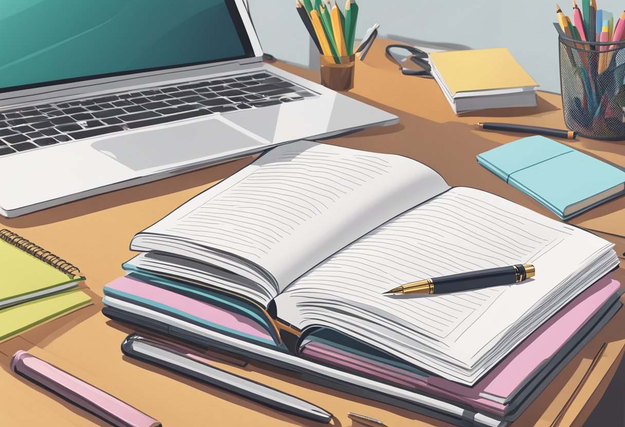 A stack of printed "Frequently Asked Questions" books on a desk with a pen and open notebook beside it