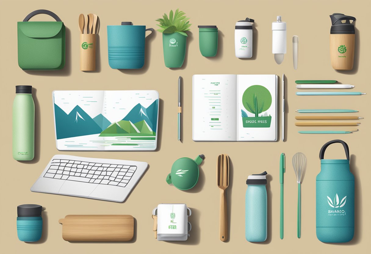 A table with eco-friendly gift options: reusable water bottles, bamboo utensils, and recycled notebooks. Brand logos are subtly embossed on each item