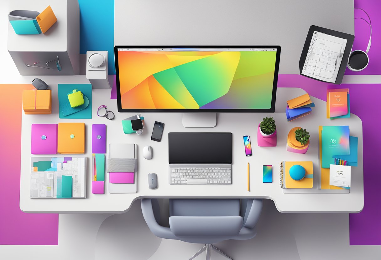 A sleek, modern office desk adorned with unique tech gadgets and stylish accessories, surrounded by a backdrop of vibrant, colorful packaging and personalized branding materials