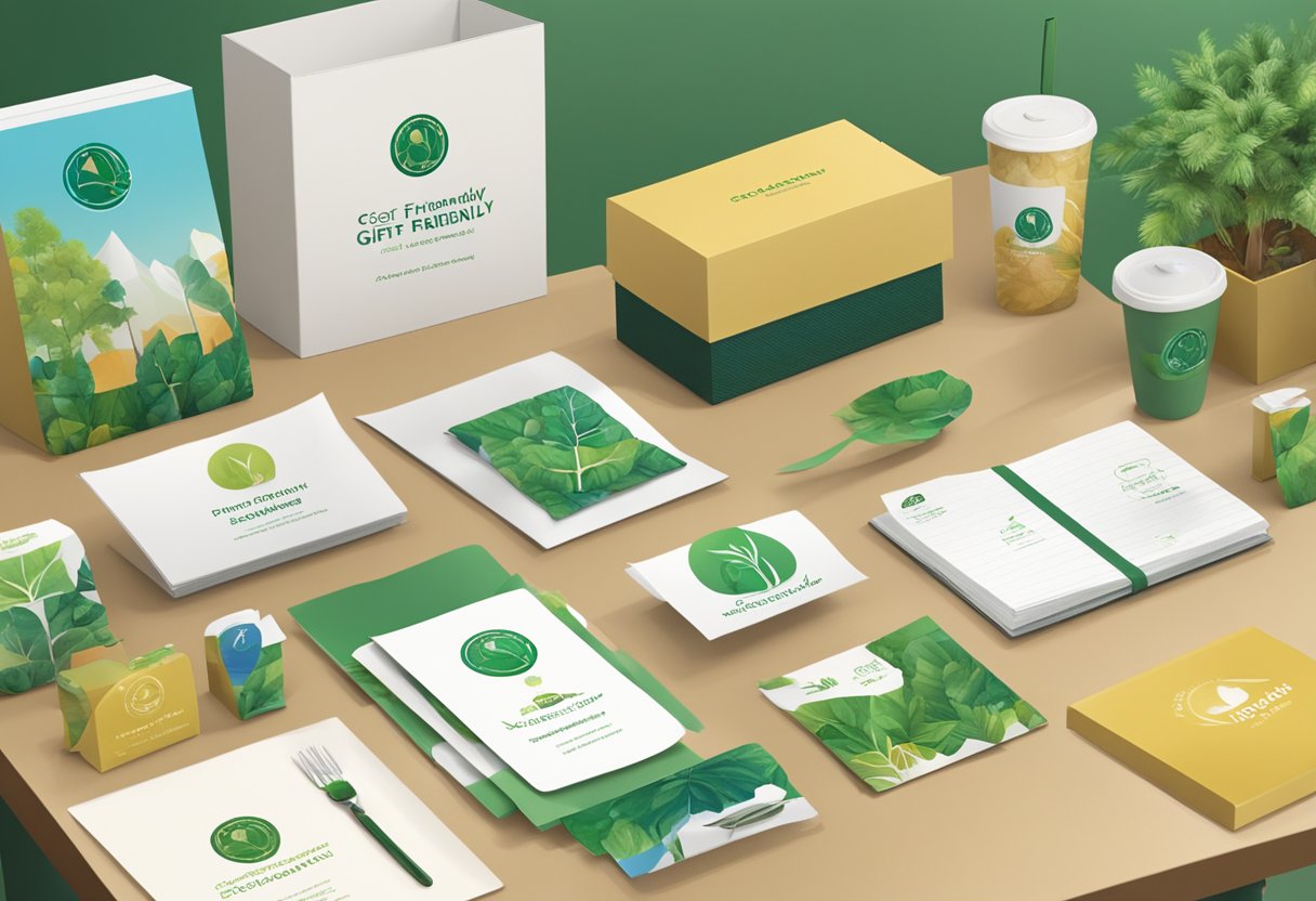A diverse group of eco-friendly gift items displayed on a table with a company logo in the background