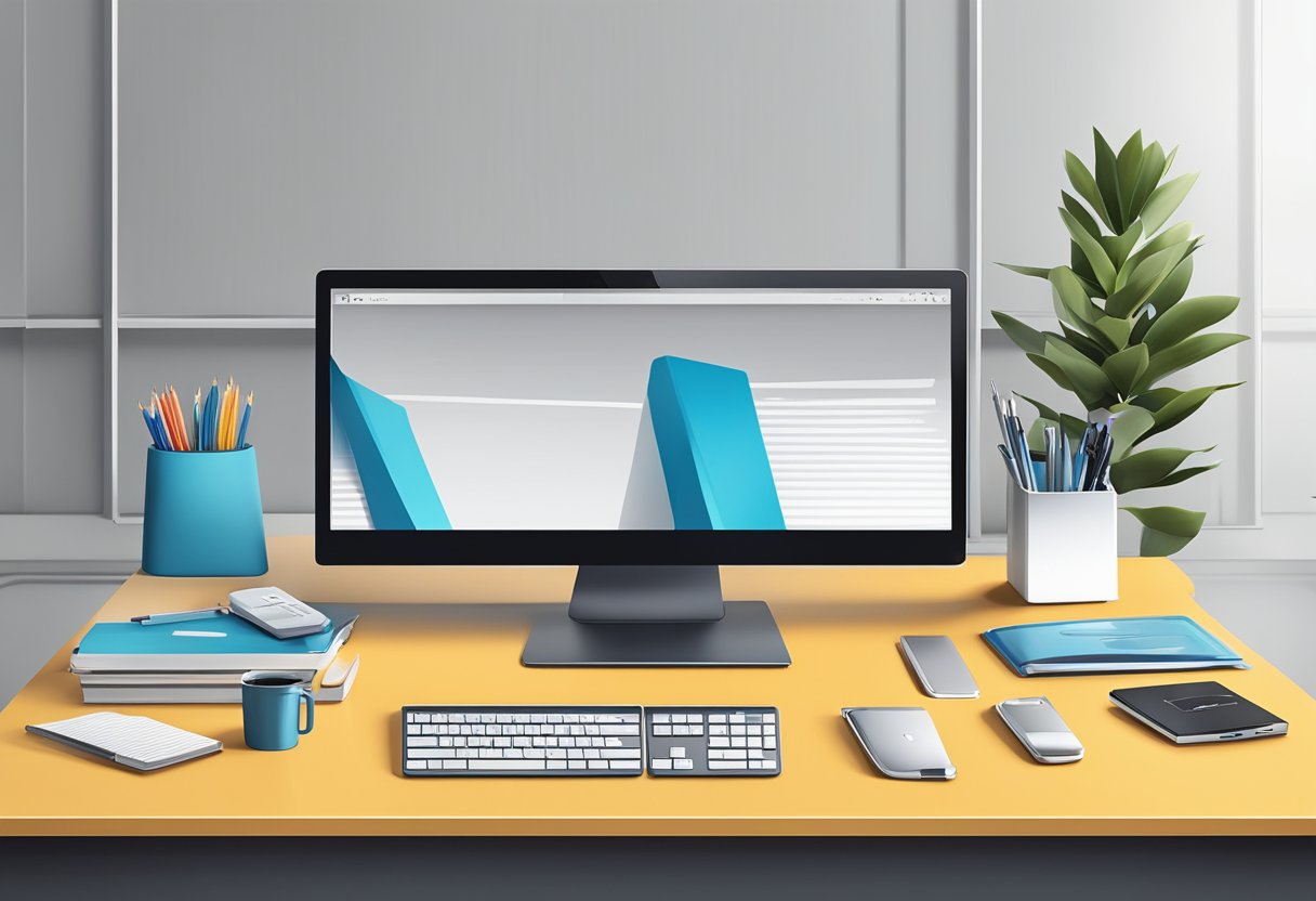 A sleek, modern office desk adorned with unique, high-quality corporate gifts and branded merchandise