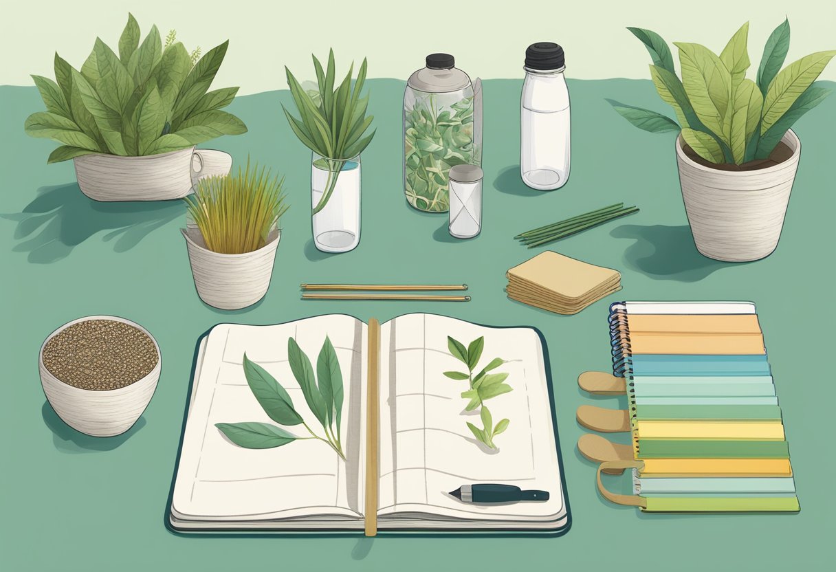 A table displays eco-friendly gift items: reusable water bottles, bamboo utensils, recycled notebooks, and plantable seed paper